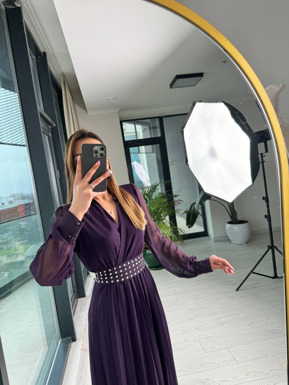 Mor%20Astarlı%20Bel%20Kuşak%20Detaylı%20Piliseli%20Şifon%20Elbise