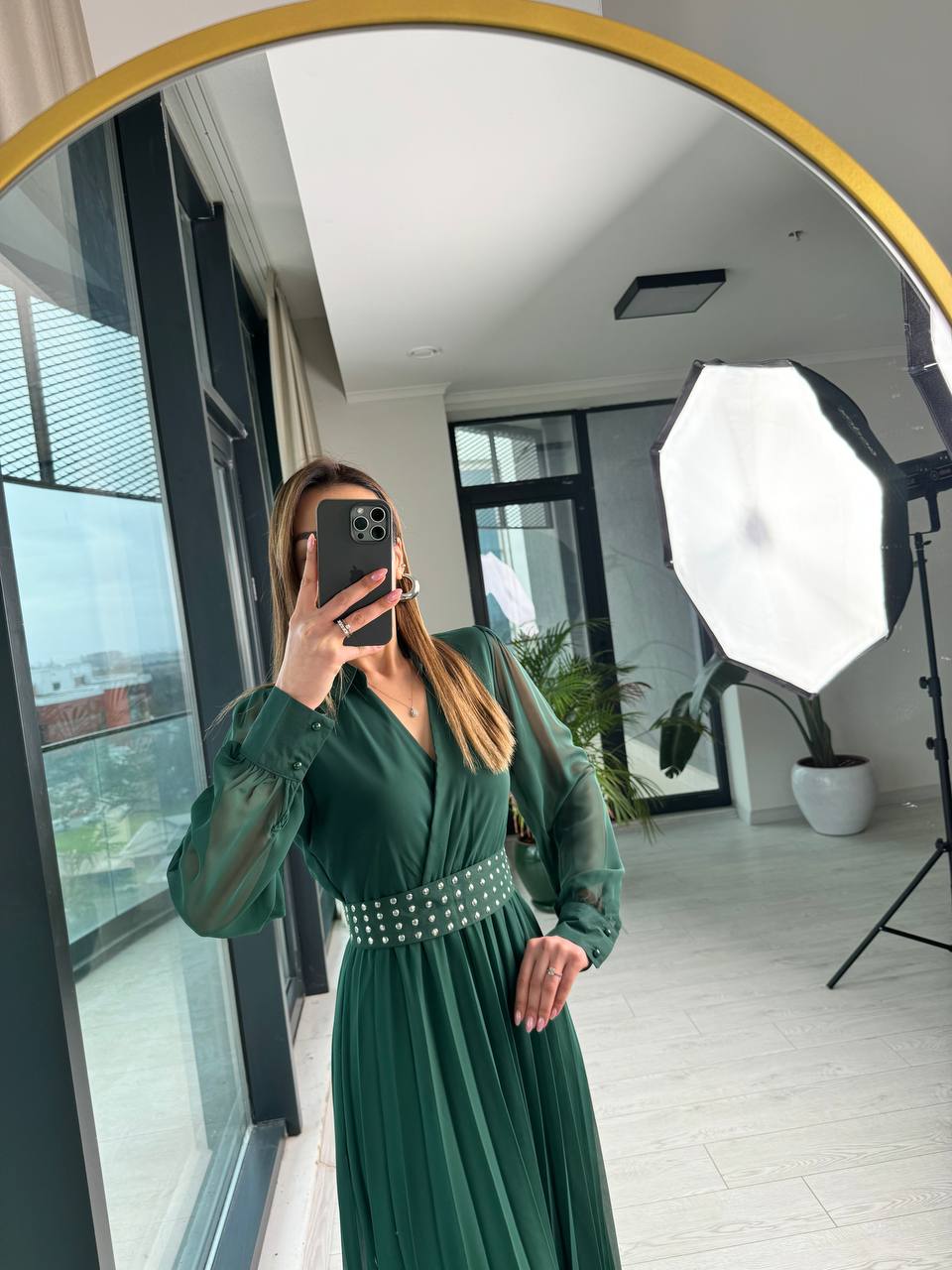 Zümrüt%20Astarlı%20Bel%20Kuşak%20Detaylı%20Piliseli%20Şifon%20Elbise