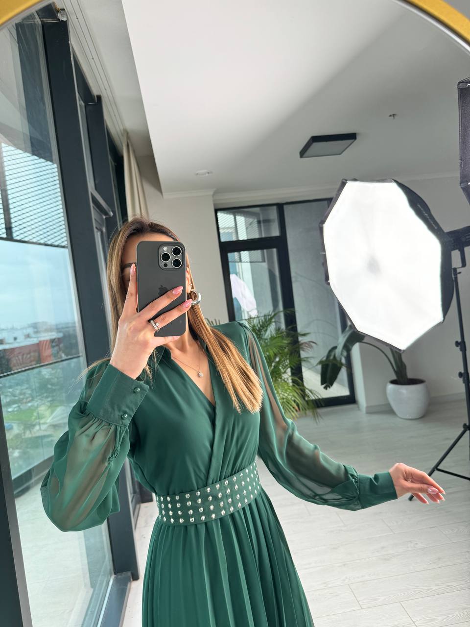 Zümrüt%20Astarlı%20Bel%20Kuşak%20Detaylı%20Piliseli%20Şifon%20Elbise