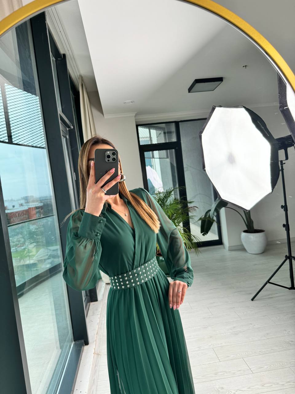 Zümrüt%20Astarlı%20Bel%20Kuşak%20Detaylı%20Piliseli%20Şifon%20Elbise