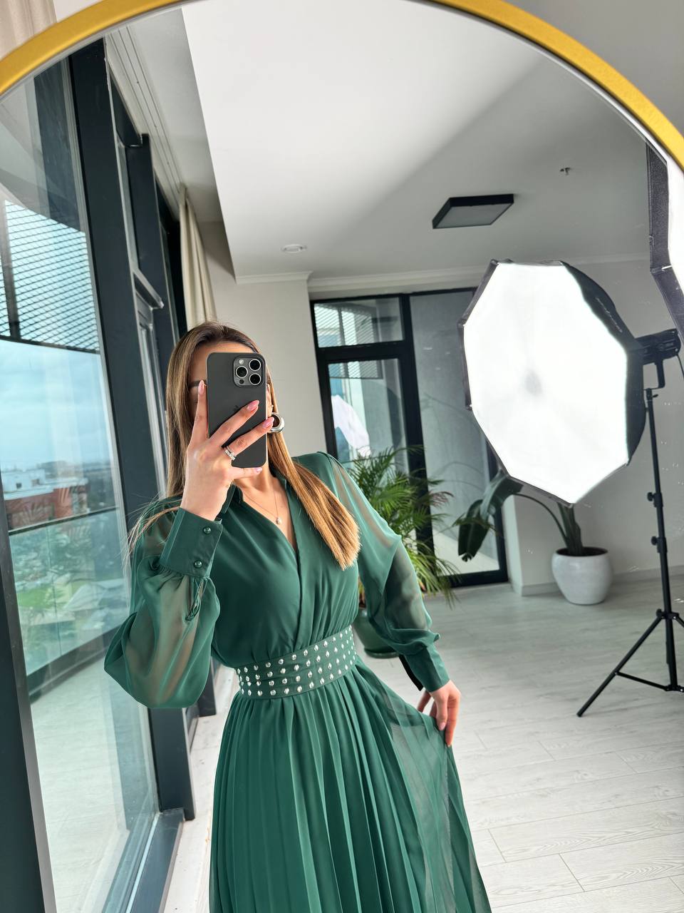 Zümrüt%20Astarlı%20Bel%20Kuşak%20Detaylı%20Piliseli%20Şifon%20Elbise