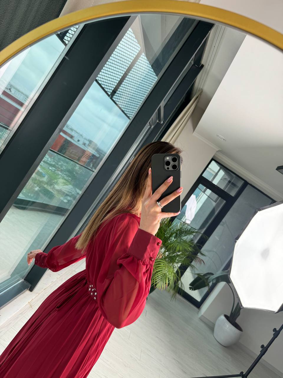Bordo%20Astarlı%20Bel%20Kuşak%20Detaylı%20Piliseli%20Şifon%20Elbise