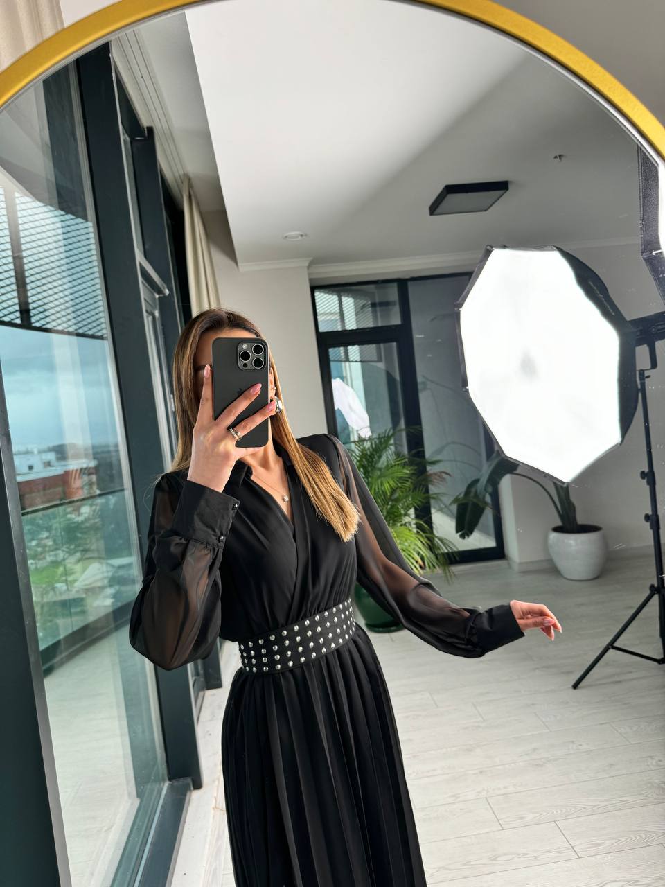 Siyah%20Astarlı%20Bel%20Kuşak%20Detaylı%20Piliseli%20Şifon%20Elbise