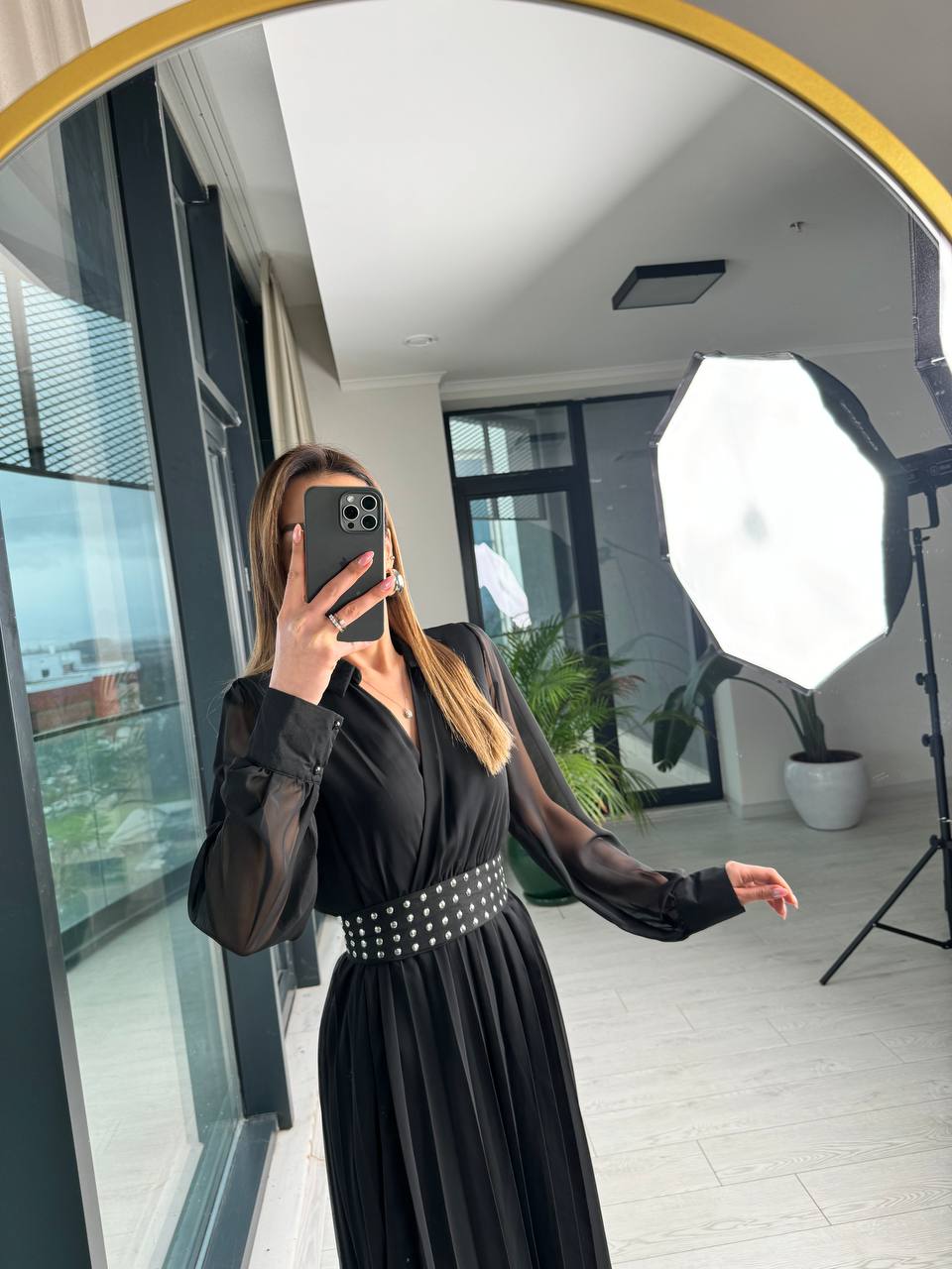 Siyah%20Astarlı%20Bel%20Kuşak%20Detaylı%20Piliseli%20Şifon%20Elbise