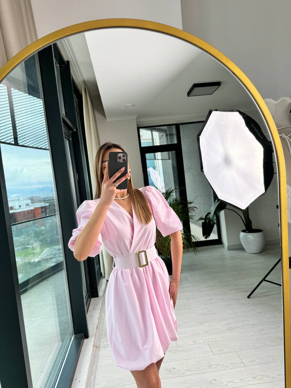 Pembe%20Kemerli%20Astarlı%20Pamuklu%20Poplin%20Kumaş%20Balon%20Etek%20Elbise