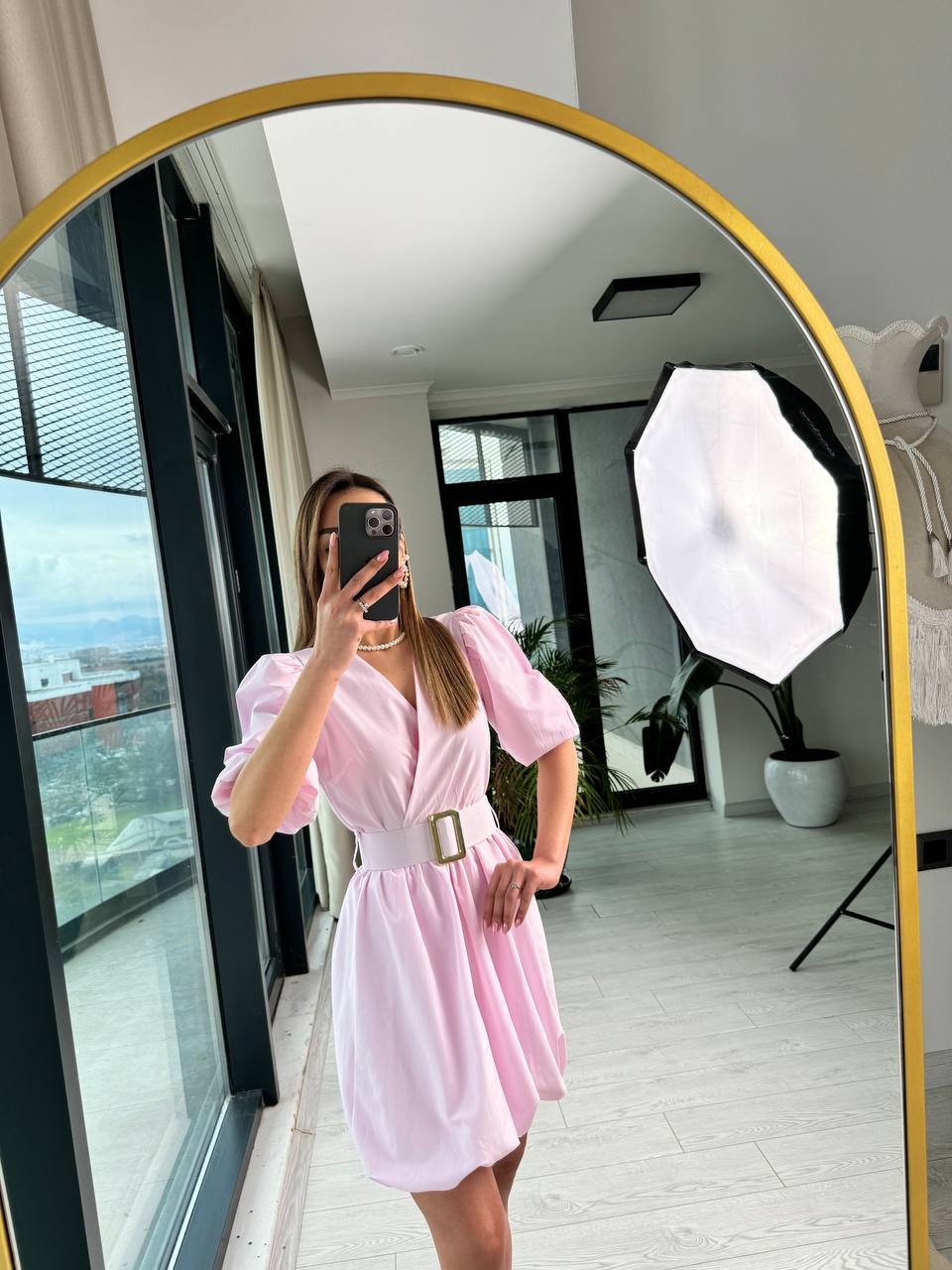 Pembe%20Kemerli%20Astarlı%20Pamuklu%20Poplin%20Kumaş%20Balon%20Etek%20Elbise