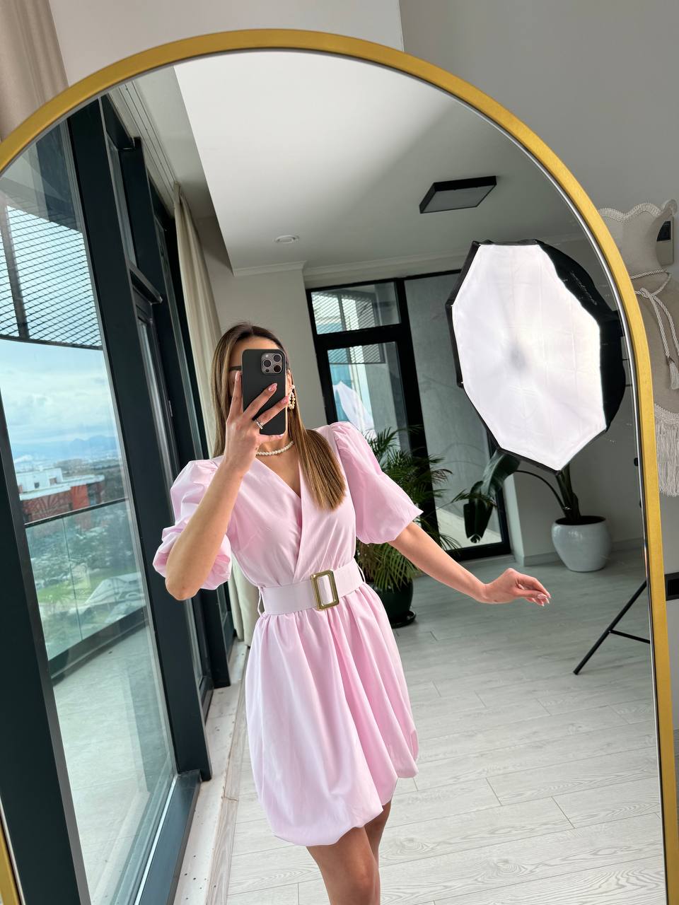 Pembe%20Kemerli%20Astarlı%20Pamuklu%20Poplin%20Kumaş%20Balon%20Etek%20Elbise