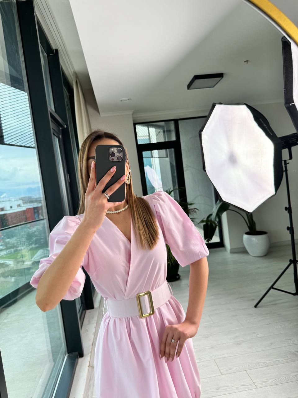Pembe%20Kemerli%20Astarlı%20Pamuklu%20Poplin%20Kumaş%20Balon%20Etek%20Elbise