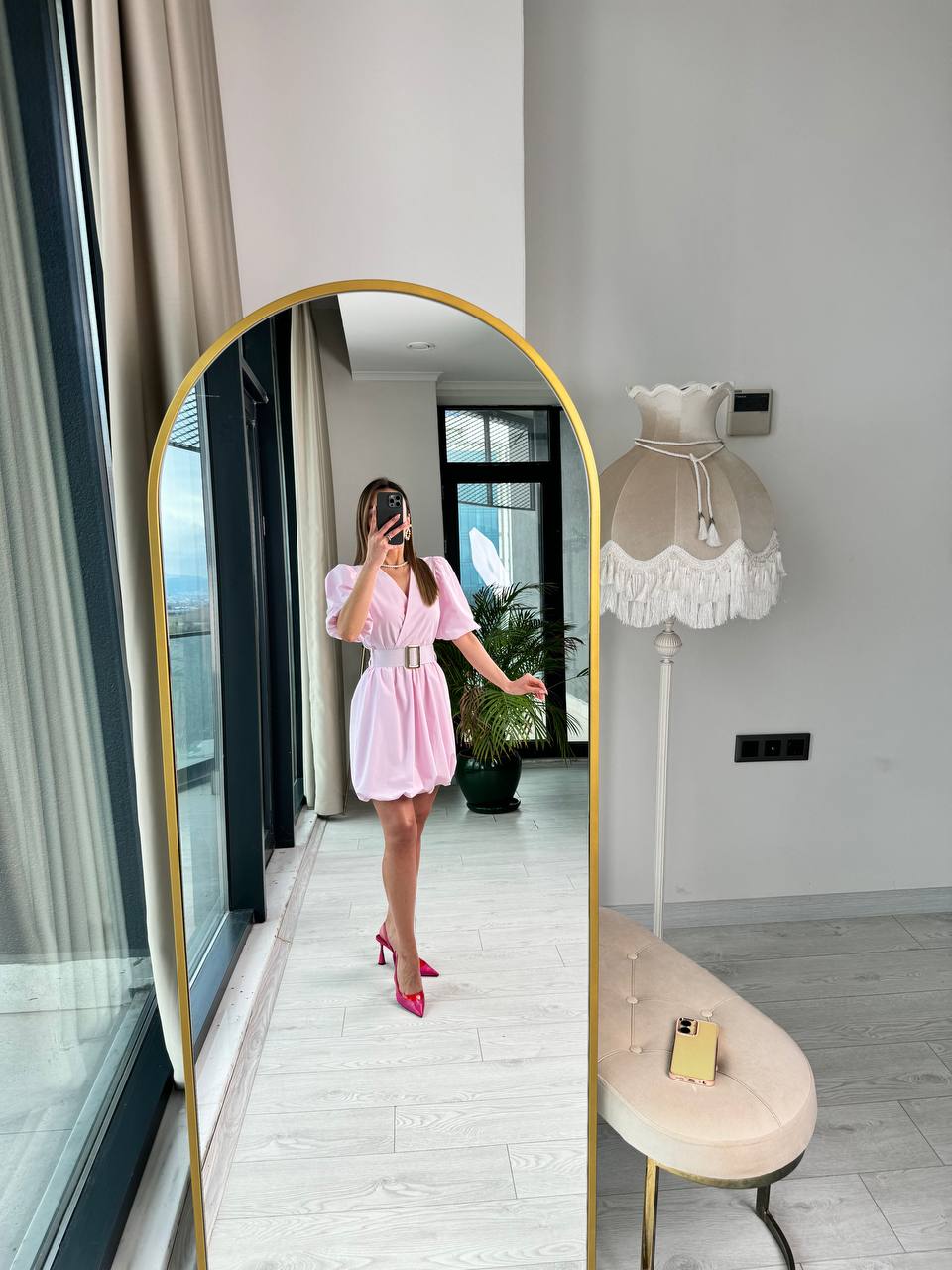 Pembe%20Kemerli%20Astarlı%20Pamuklu%20Poplin%20Kumaş%20Balon%20Etek%20Elbise