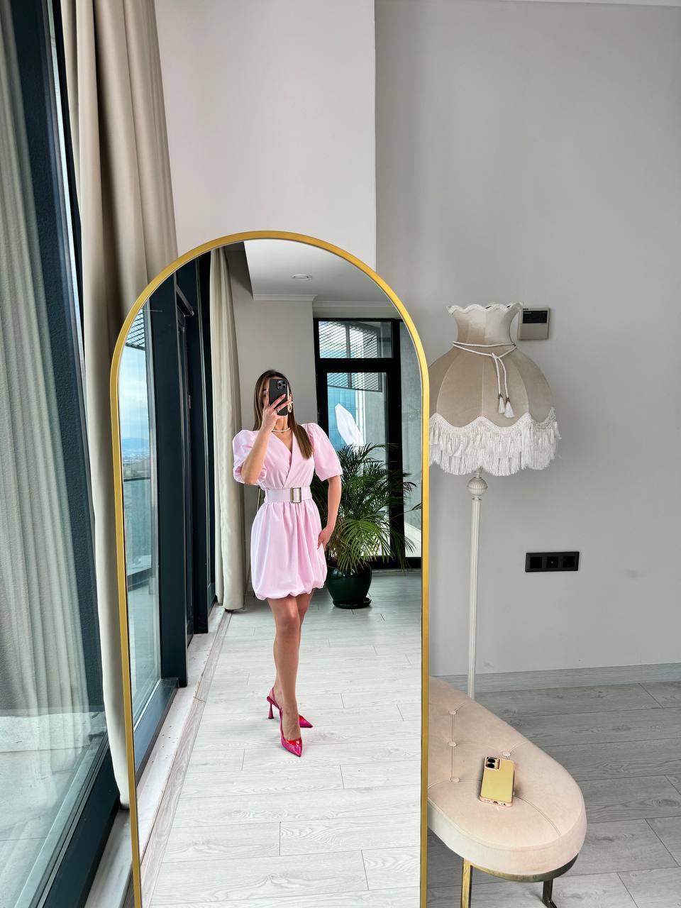Pembe%20Kemerli%20Astarlı%20Pamuklu%20Poplin%20Kumaş%20Balon%20Etek%20Elbise