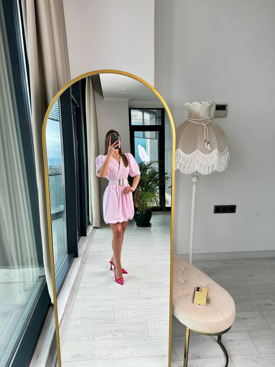 Pembe%20Kemerli%20Astarlı%20Pamuklu%20Poplin%20Kumaş%20Balon%20Etek%20Elbise