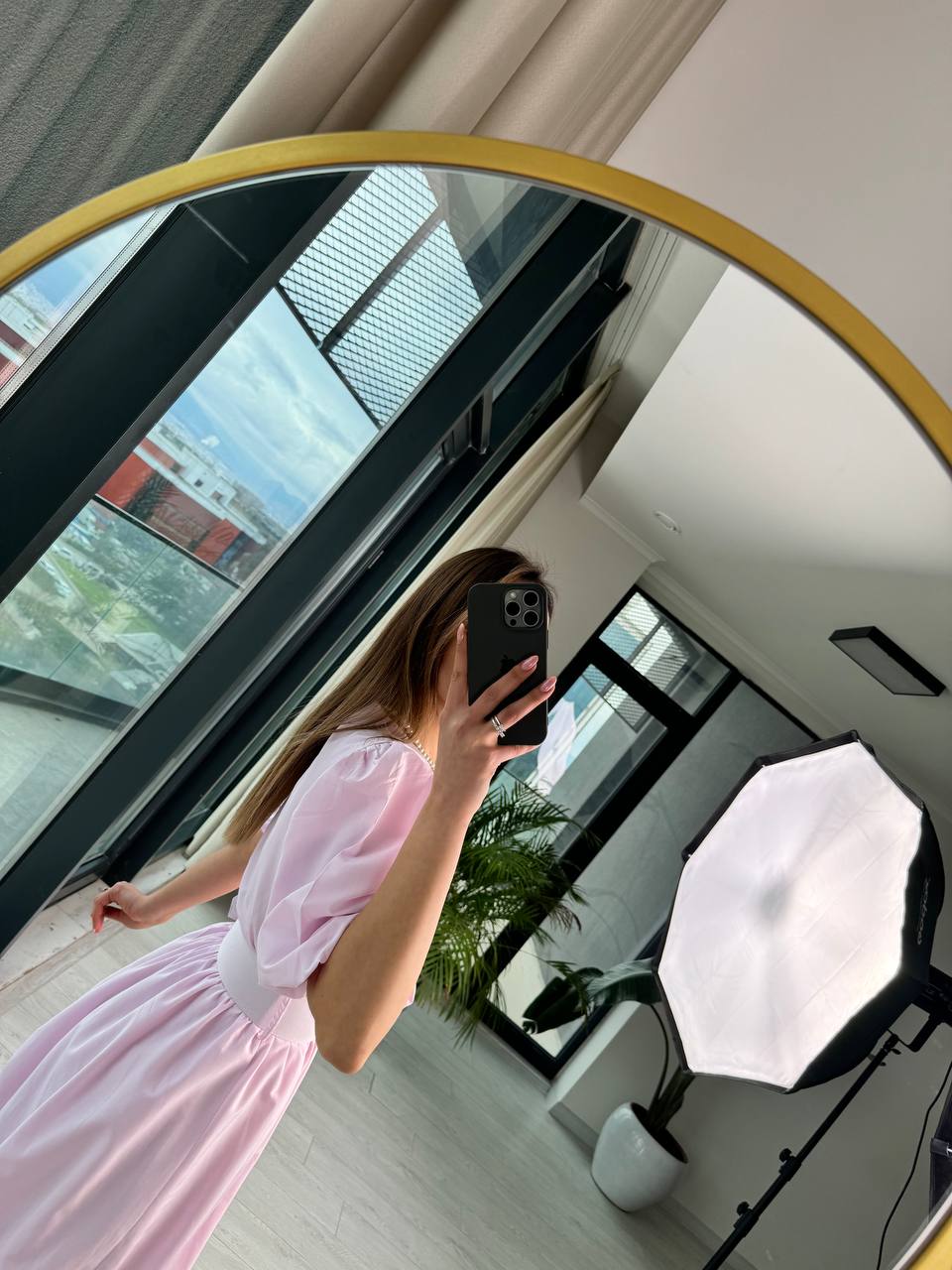 Pembe%20Kemerli%20Astarlı%20Pamuklu%20Poplin%20Kumaş%20Balon%20Etek%20Elbise