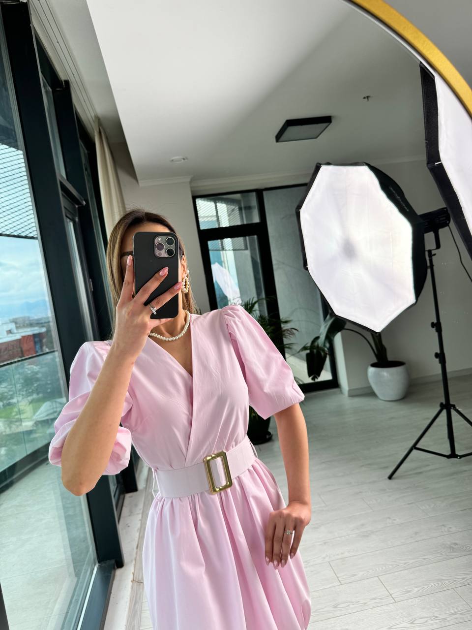 Pembe%20Kemerli%20Astarlı%20Pamuklu%20Poplin%20Kumaş%20Balon%20Etek%20Elbise