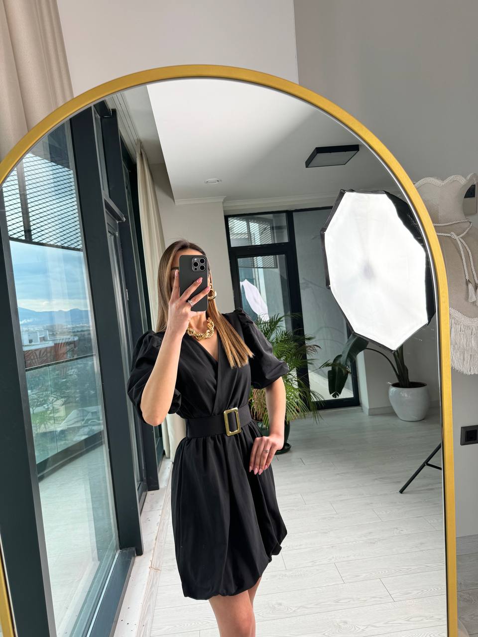 Siyah%20Kemerli%20Astarlı%20Pamuklu%20Poplin%20Kumaş%20Balon%20Etek%20Elbise