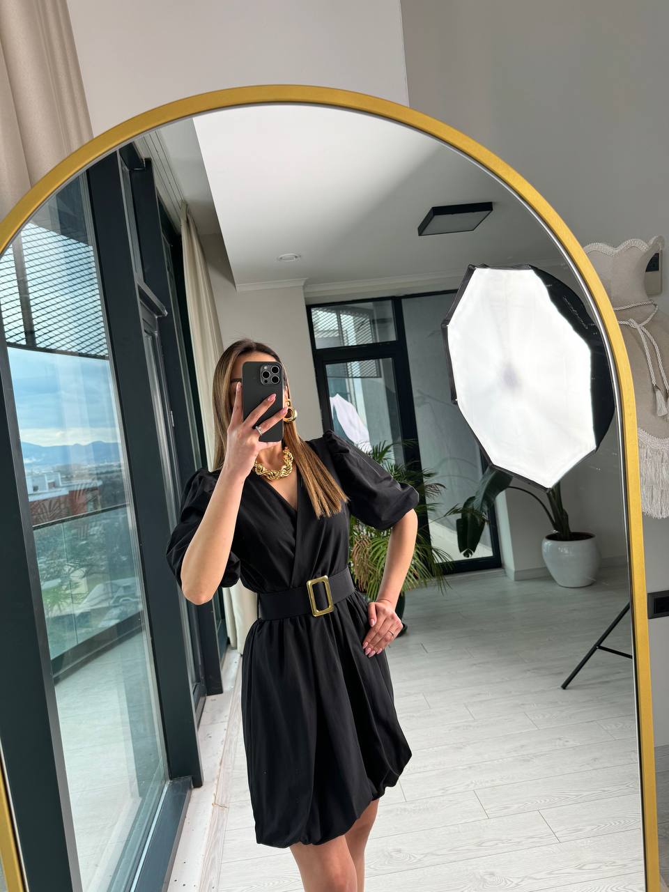 Siyah%20Kemerli%20Astarlı%20Pamuklu%20Poplin%20Kumaş%20Balon%20Etek%20Elbise