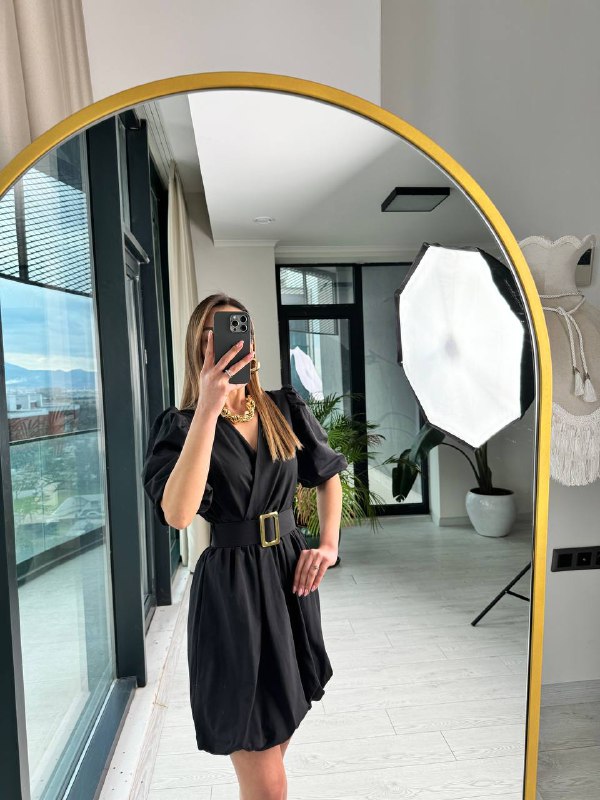 Siyah%20Kemerli%20Astarlı%20Pamuklu%20Poplin%20Kumaş%20Balon%20Etek%20Elbise