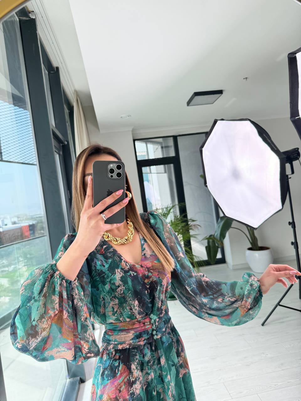Zümrüt%20Geçişli%20Astarlı%20Kuşak%20Detaylı%20Şifon%20Elbise