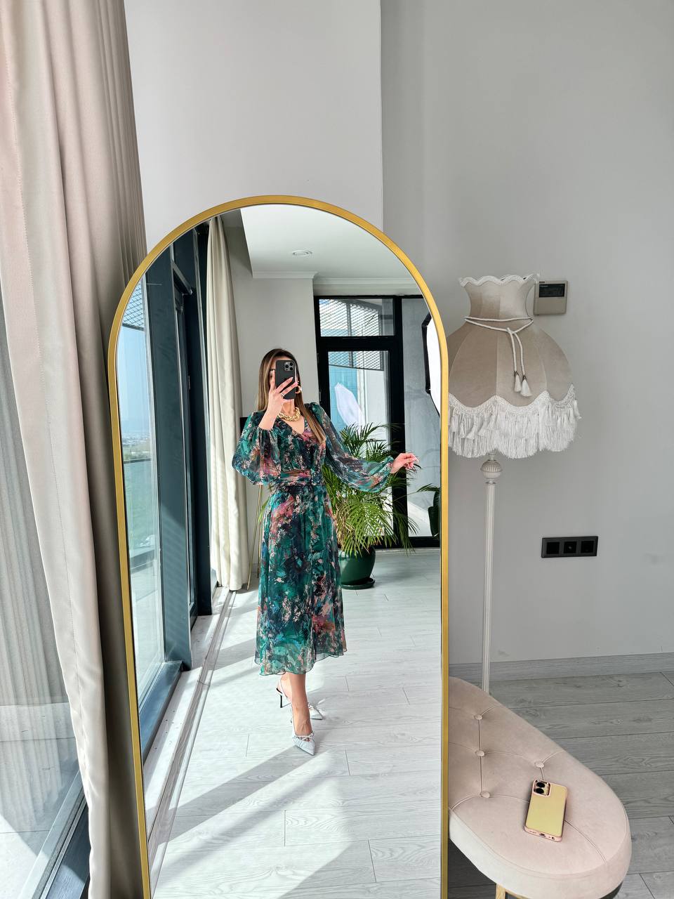 Zümrüt%20Geçişli%20Astarlı%20Kuşak%20Detaylı%20Şifon%20Elbise