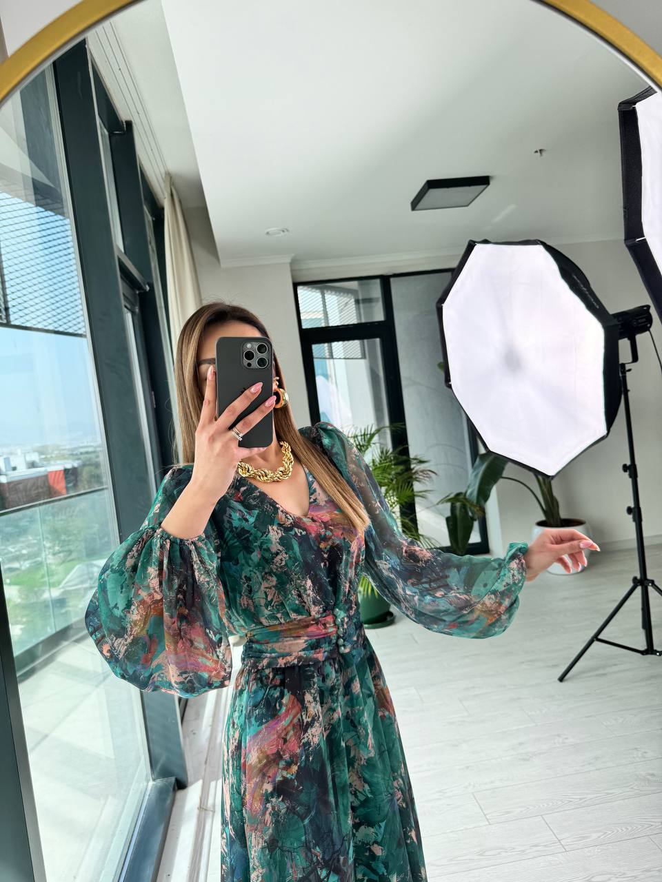 Zümrüt%20Geçişli%20Astarlı%20Kuşak%20Detaylı%20Şifon%20Elbise