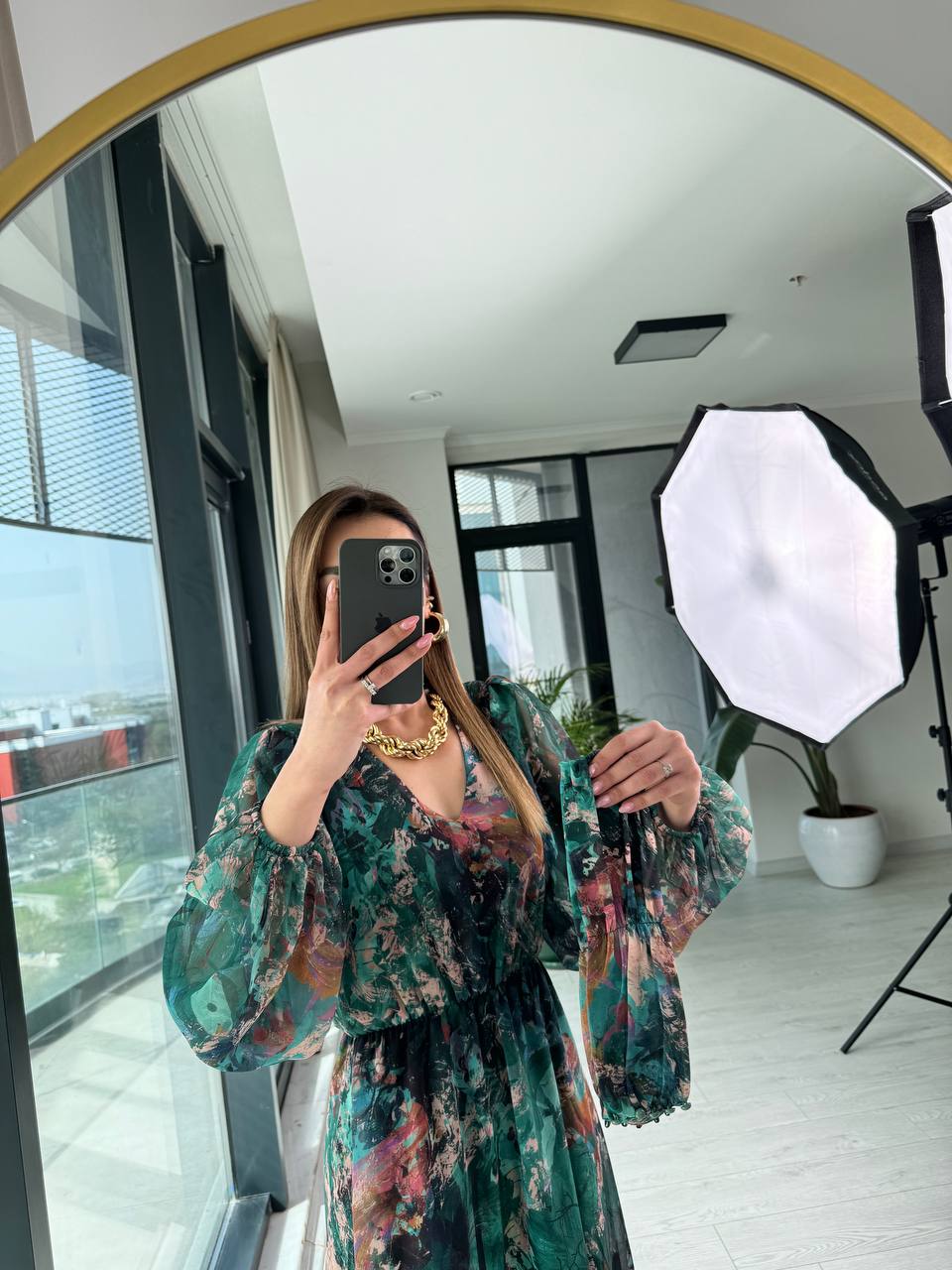 Zümrüt%20Geçişli%20Astarlı%20Kuşak%20Detaylı%20Şifon%20Elbise