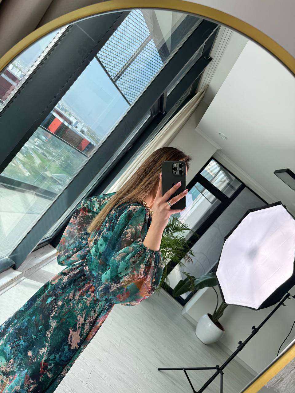 Zümrüt%20Geçişli%20Astarlı%20Kuşak%20Detaylı%20Şifon%20Elbise