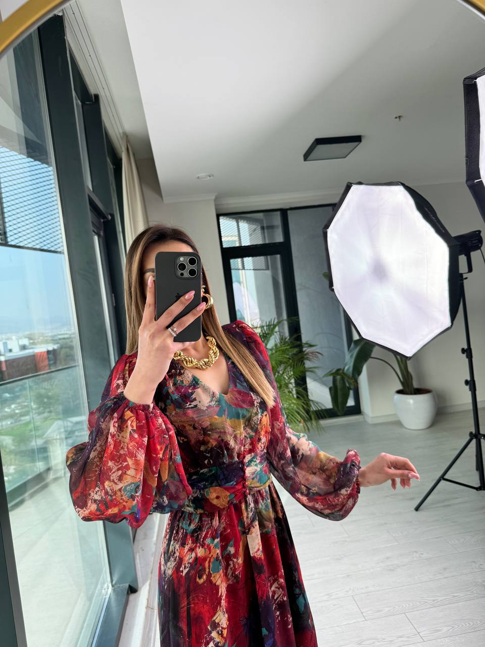 Bordo%20Geçişli%20Astarlı%20Kuşak%20Detaylı%20Şifon%20Elbise