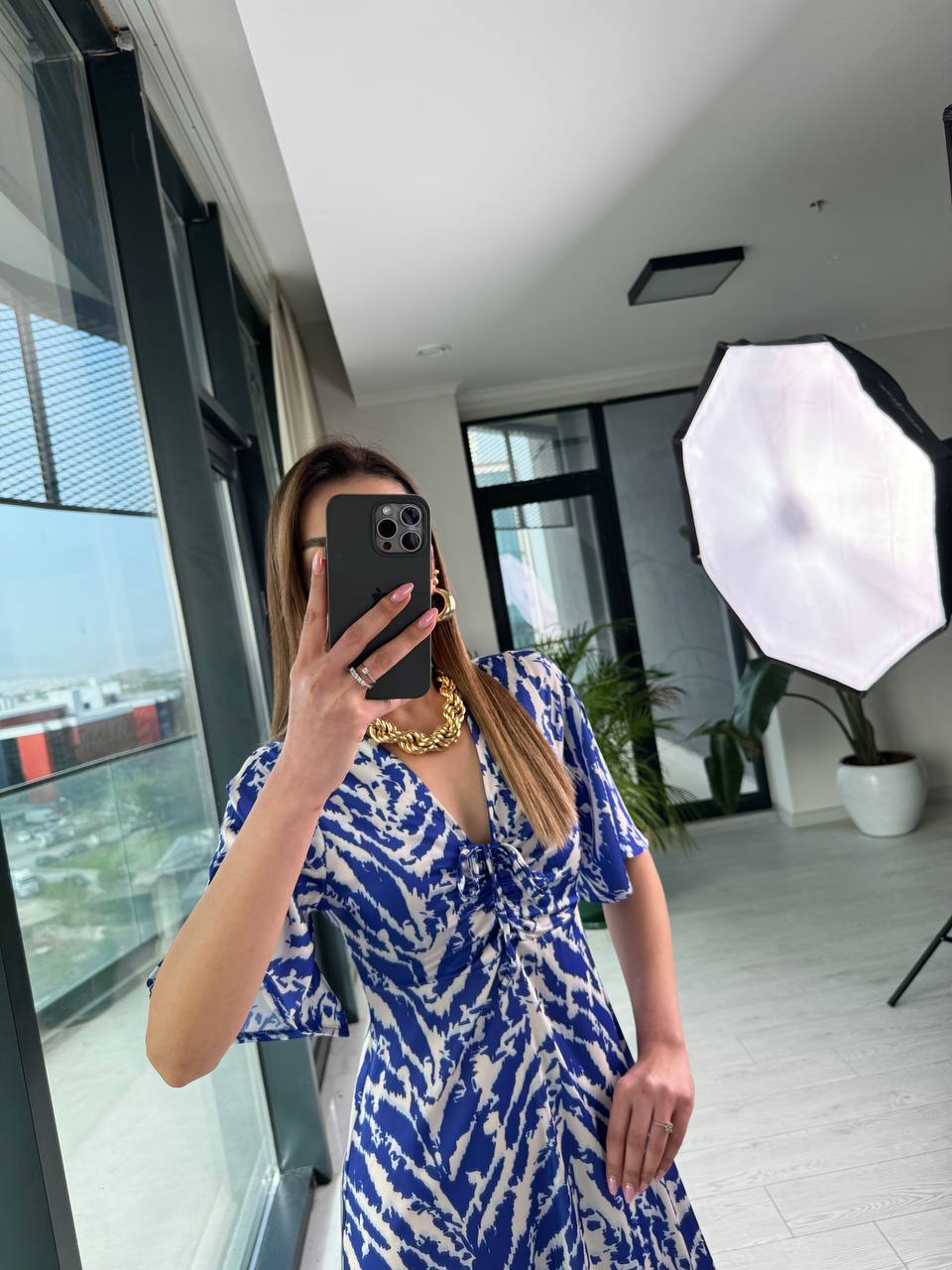 Saks%20Mavi%20Pamuk%20Saten%20Göğüs%20Büzgülü%20Elbise