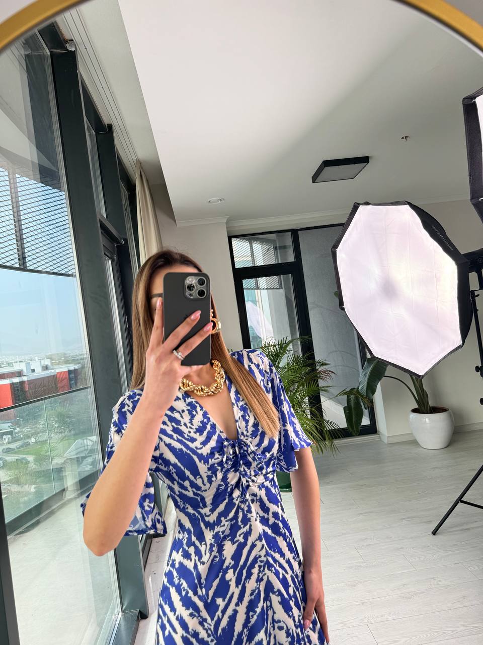 Saks%20Mavi%20Pamuk%20Saten%20Göğüs%20Büzgülü%20Elbise