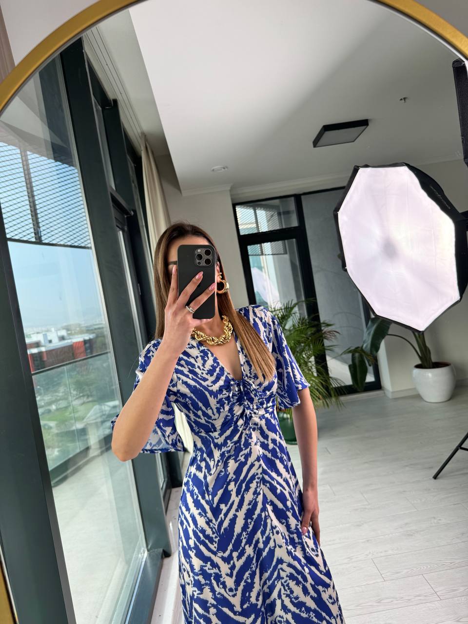 Saks%20Mavi%20Pamuk%20Saten%20Göğüs%20Büzgülü%20Elbise