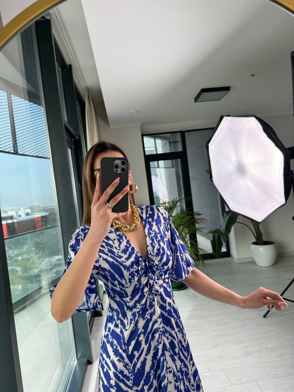 Saks%20Mavi%20Pamuk%20Saten%20Göğüs%20Büzgülü%20Elbise