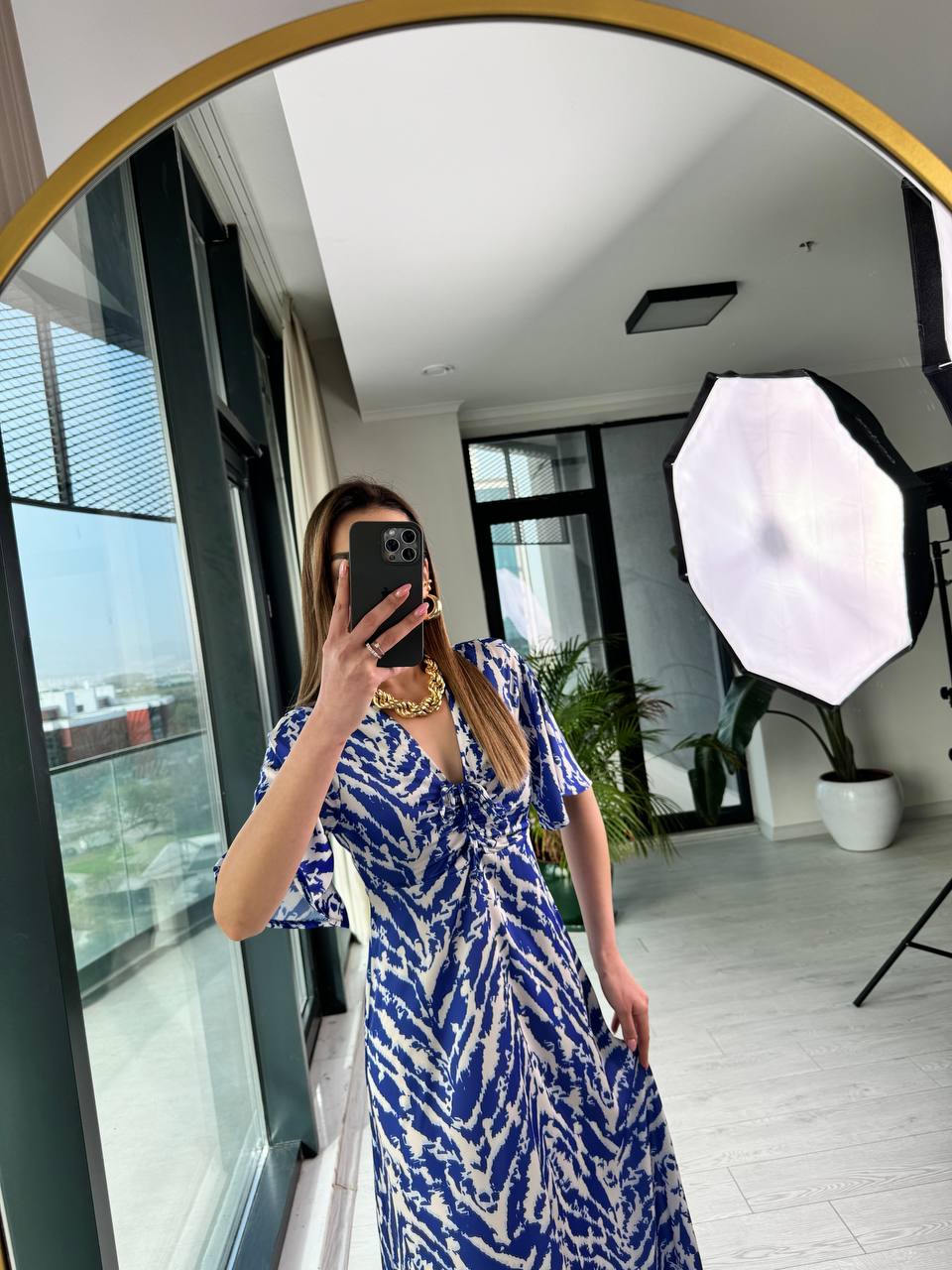 Saks%20Mavi%20Pamuk%20Saten%20Göğüs%20Büzgülü%20Elbise