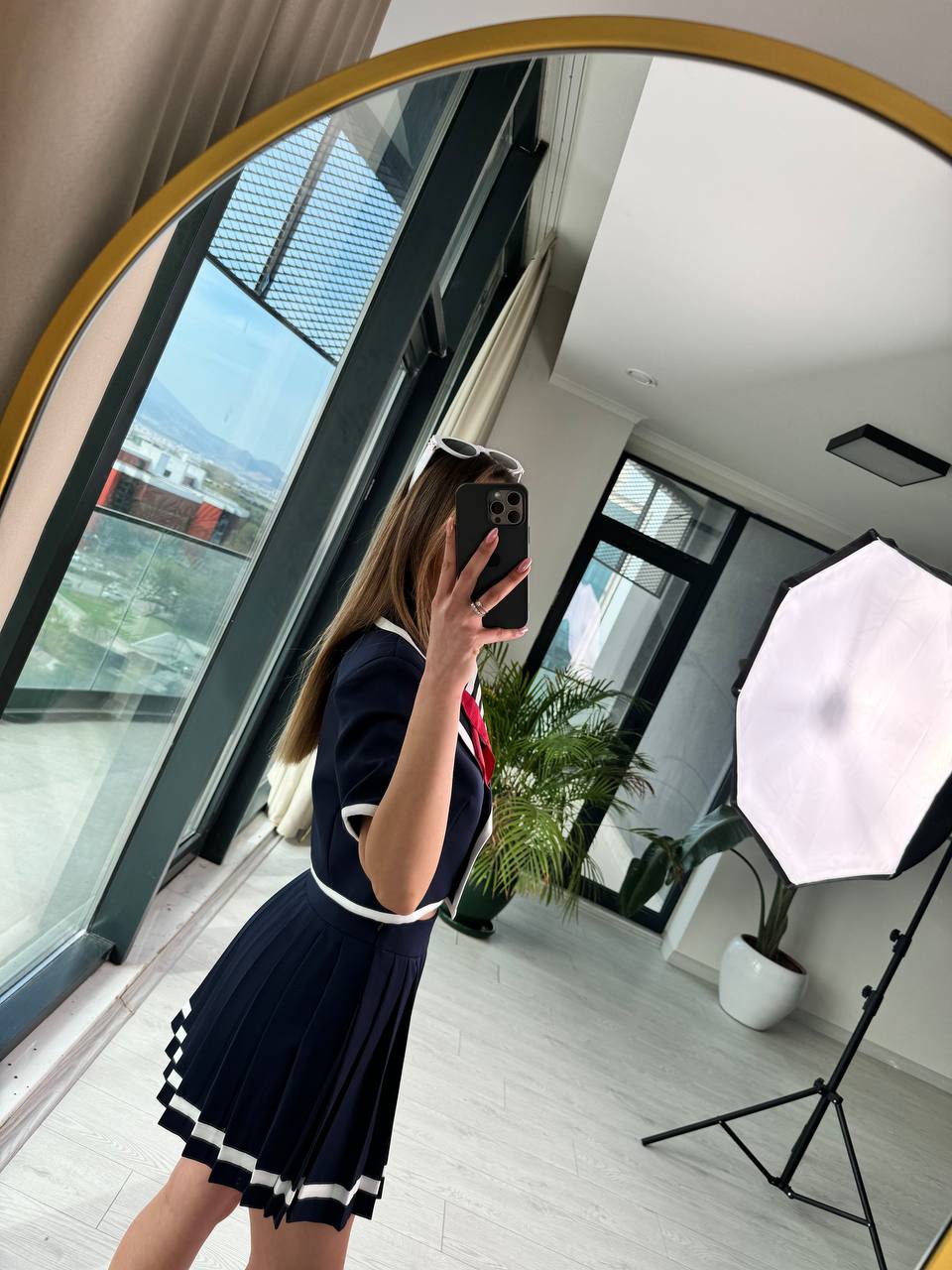 Lacivert%20Şerit%20Detaylı%20Premium%20Seri%20Piliseli%20Etek%20Ceket%20Takım
