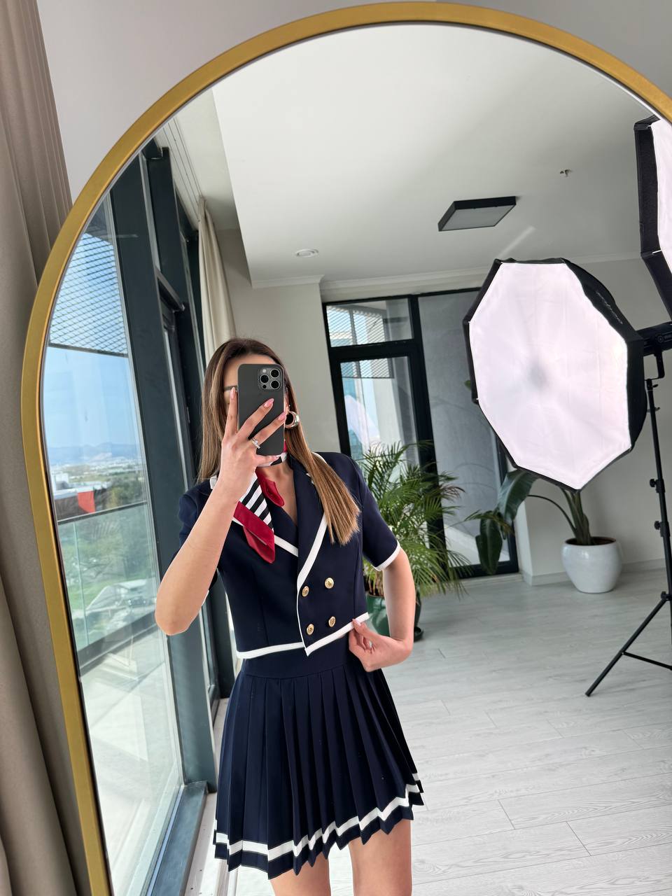 Lacivert%20Şerit%20Detaylı%20Premium%20Seri%20Piliseli%20Etek%20Ceket%20Takım