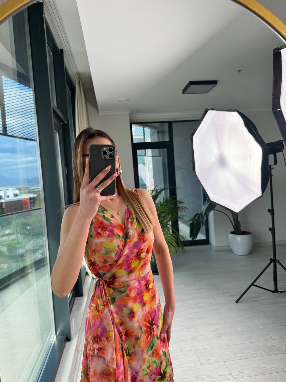 Orange%20Desenli%20Astarlı%20Eteği%20Volanlı%20Şifon%20Elbise