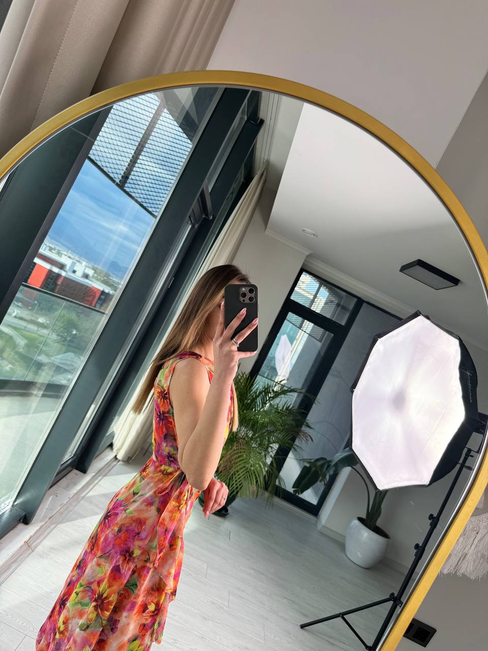 Orange%20Desenli%20Astarlı%20Eteği%20Volanlı%20Şifon%20Elbise