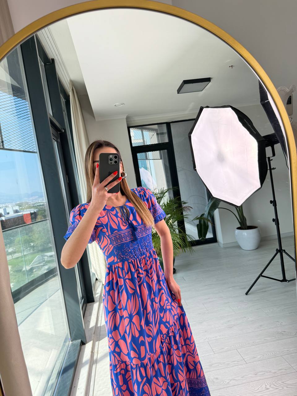 Pembe%20Mavi%20Viskon%20Kumaş%20Kısa%20Kollu%20Elbise