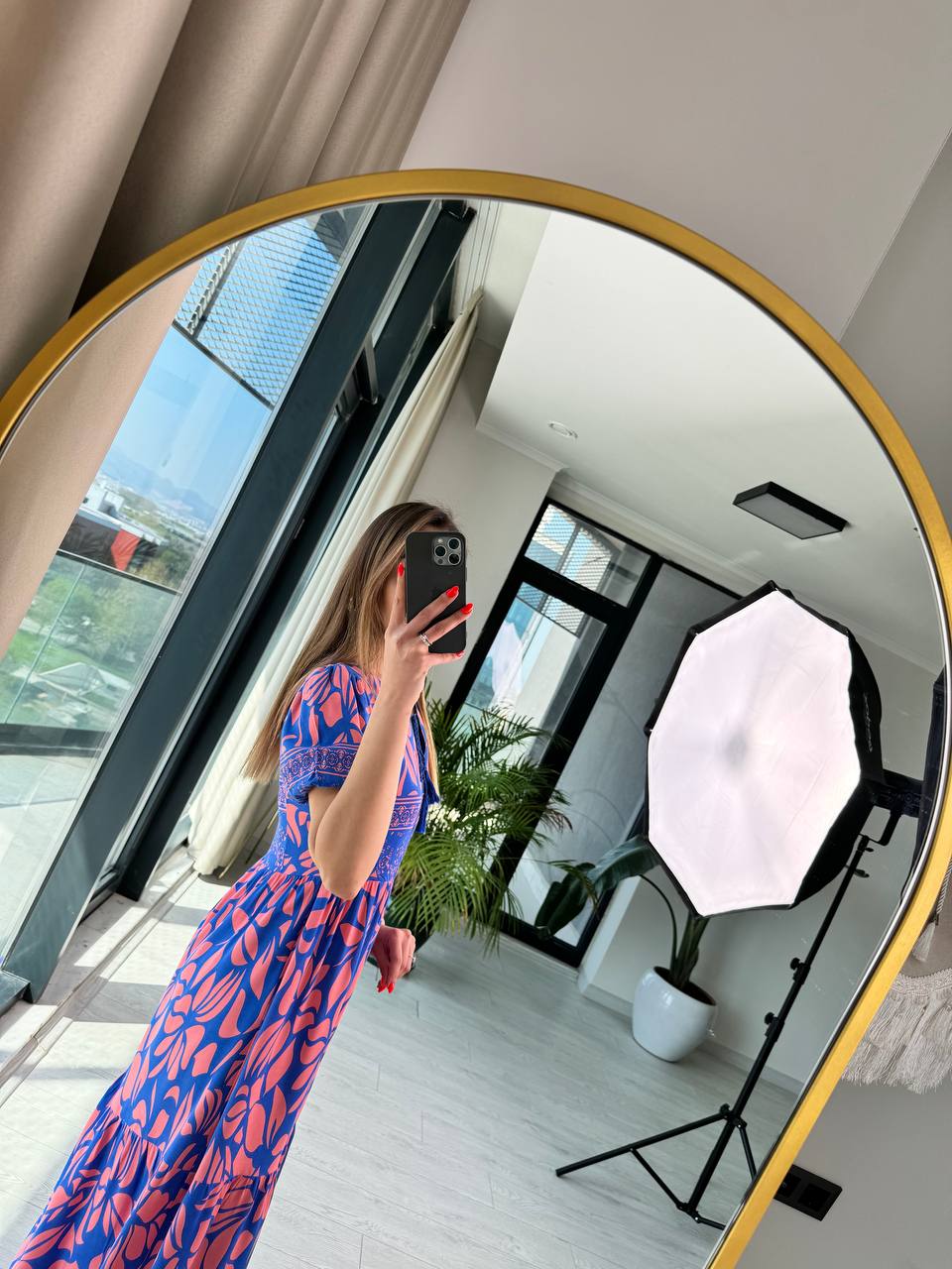 Pembe%20Mavi%20Viskon%20Kumaş%20Kısa%20Kollu%20Elbise