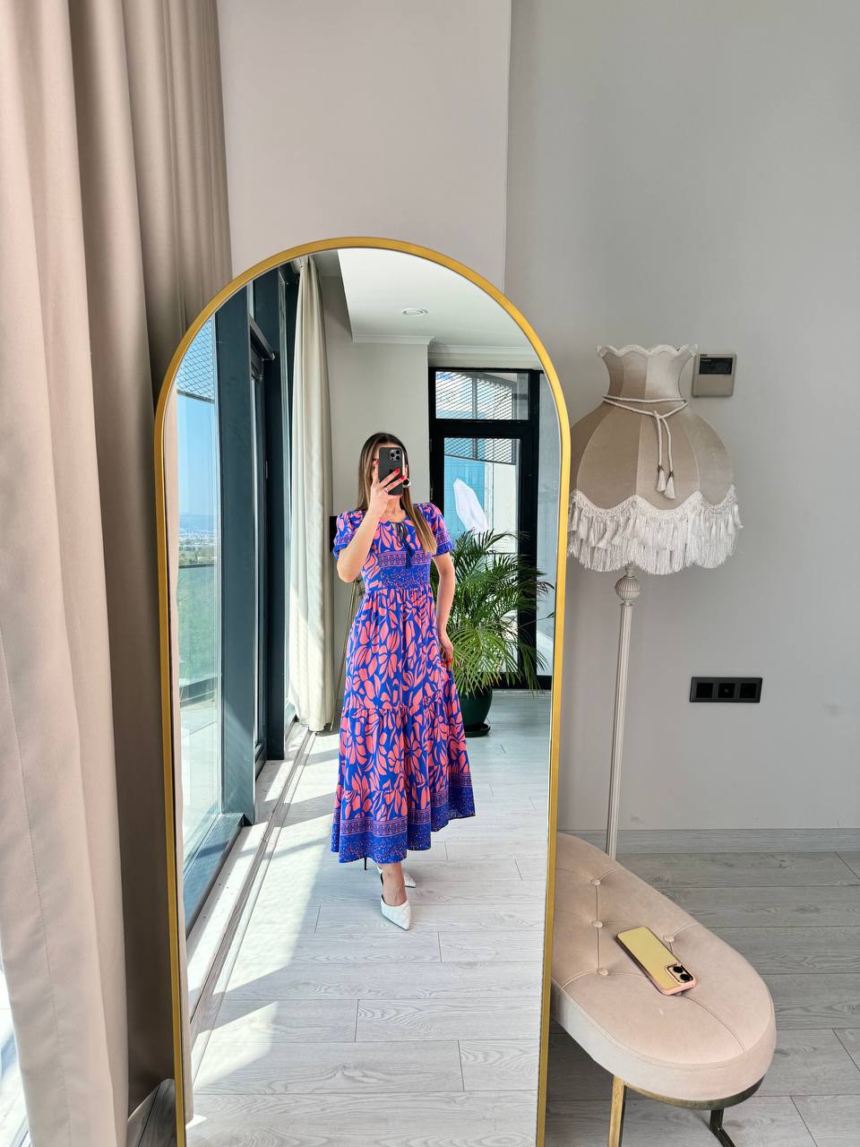 Pembe%20Mavi%20Viskon%20Kumaş%20Kısa%20Kollu%20Elbise