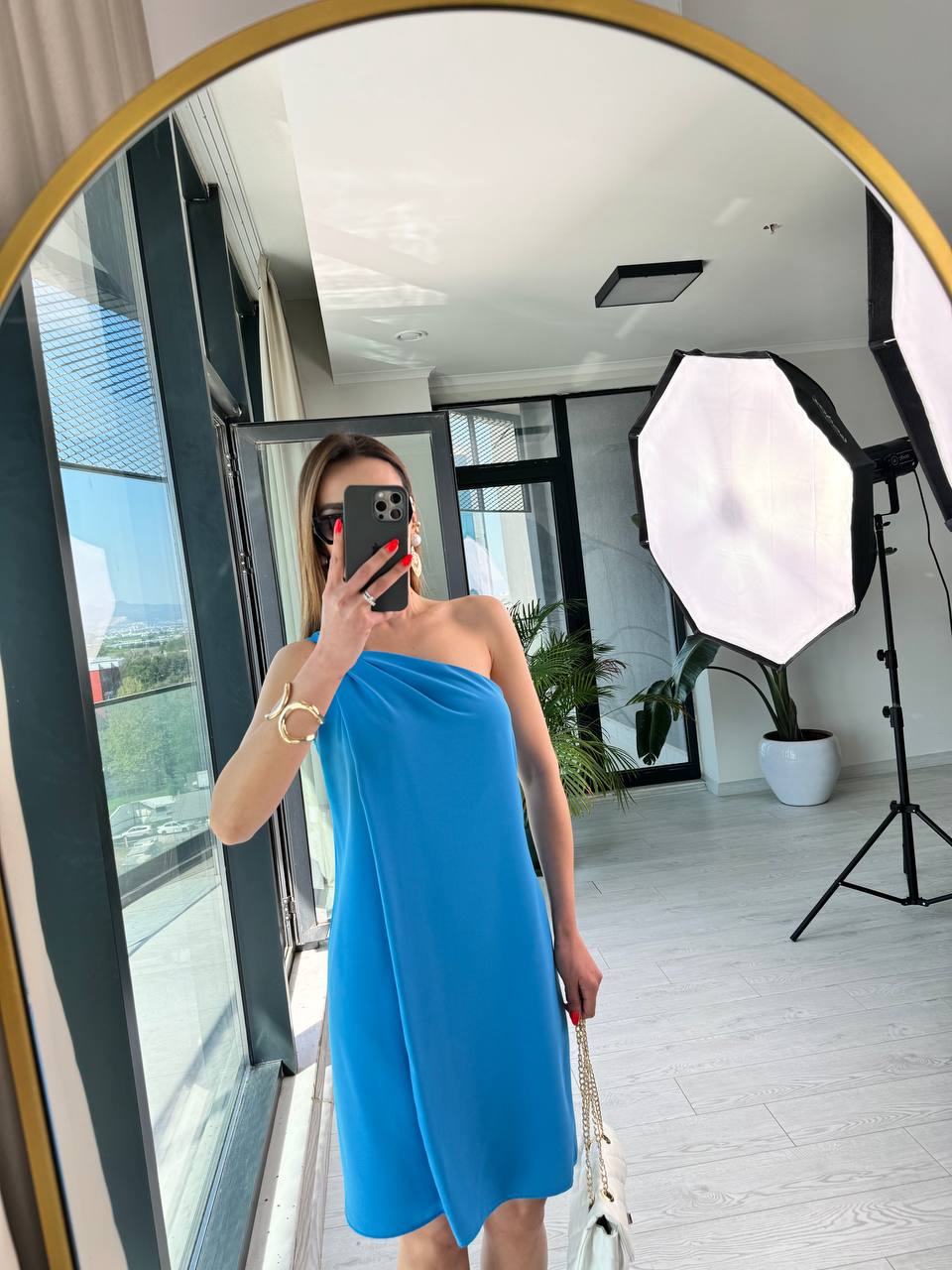 Mavi%20Tek%20Kol%20ipekli%20Krep%20Kumaş%20Astarlı%20Elbise