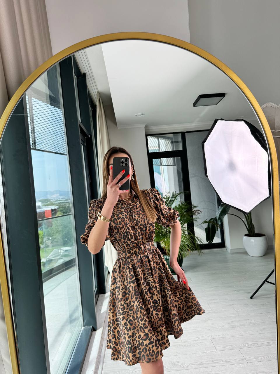 Kahverengi%20Leopar%20Desen%20Tok%20Saten%20Kemerli%20Elbise