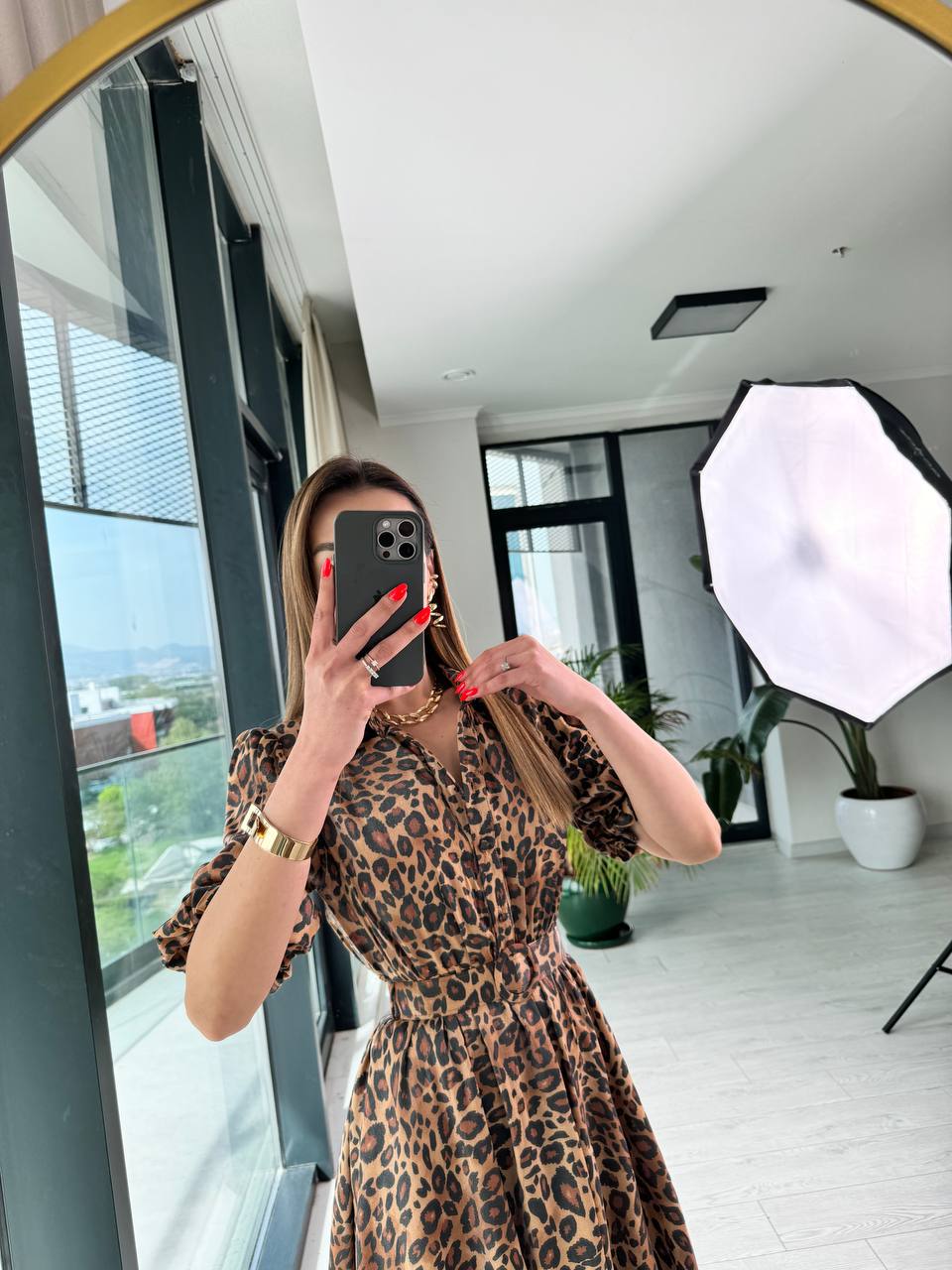 Kahverengi%20Leopar%20Desen%20Tok%20Saten%20Kemerli%20Elbise