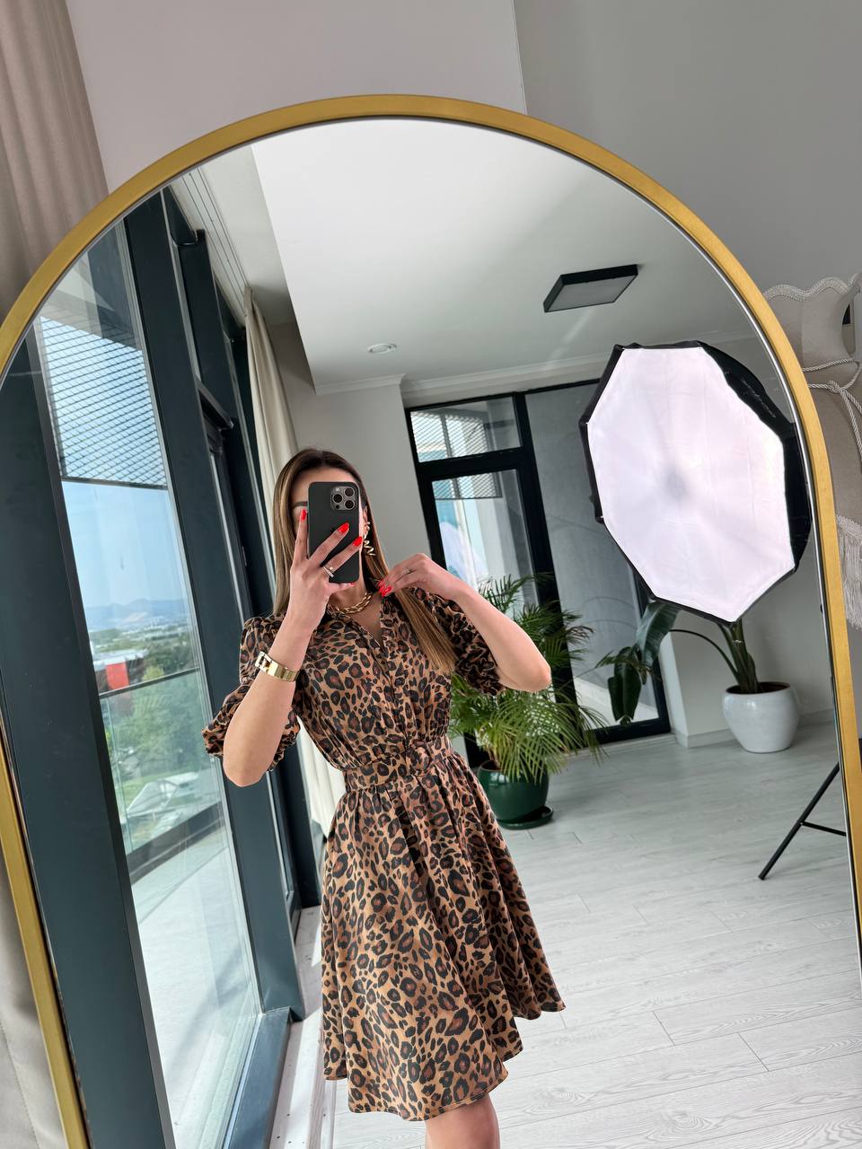 Kahverengi%20Leopar%20Desen%20Tok%20Saten%20Kemerli%20Elbise