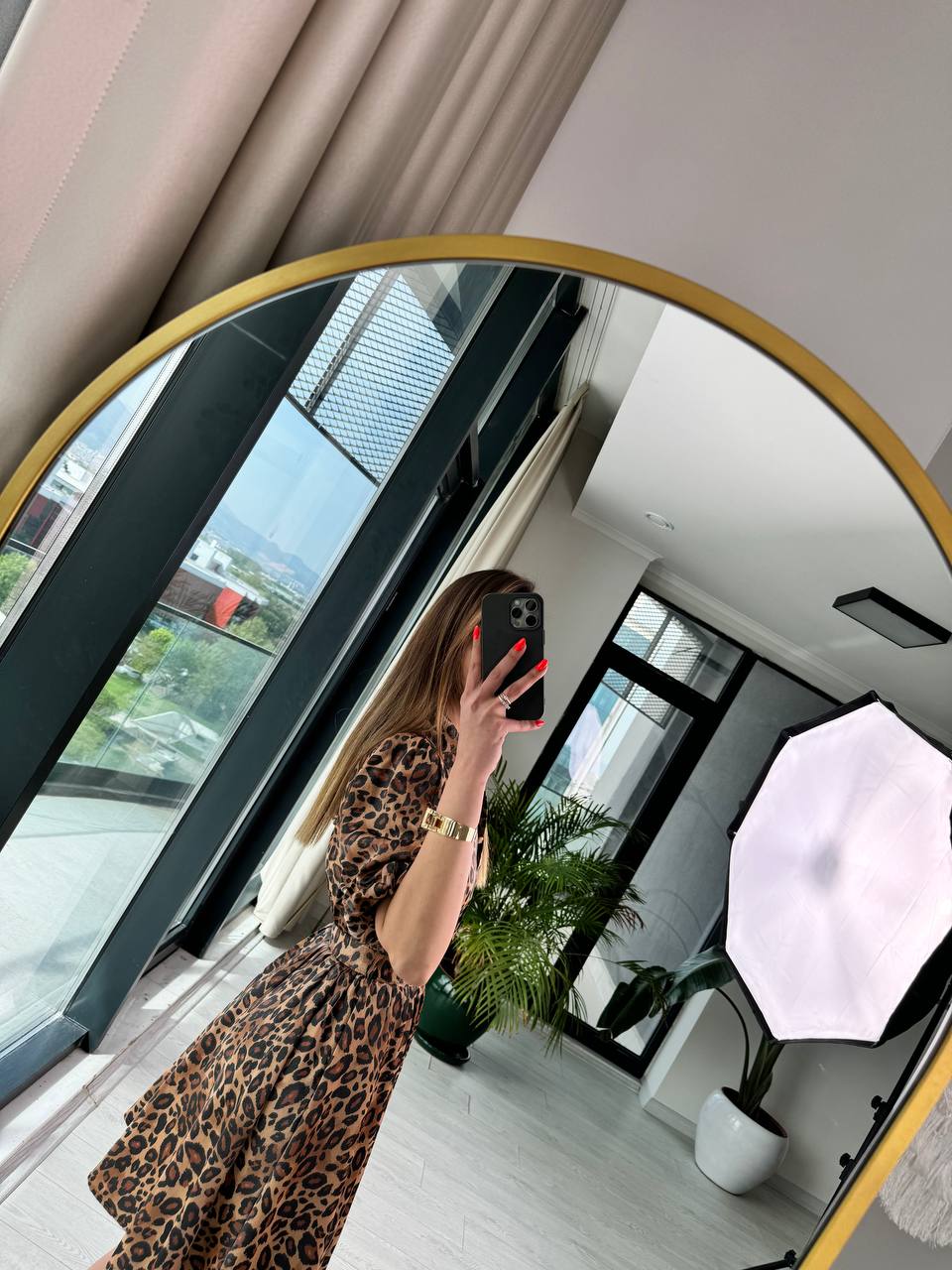 Kahverengi%20Leopar%20Desen%20Tok%20Saten%20Kemerli%20Elbise