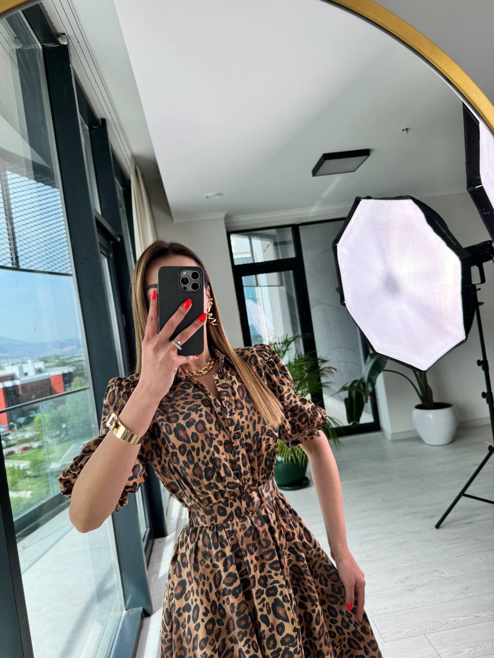 Kahverengi%20Leopar%20Desen%20Tok%20Saten%20Kemerli%20Elbise