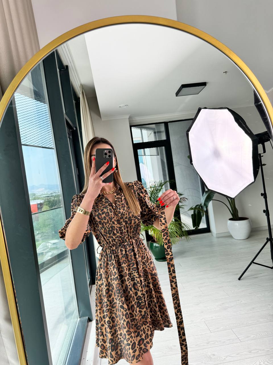 Kahverengi%20Leopar%20Desen%20Tok%20Saten%20Kemerli%20Elbise