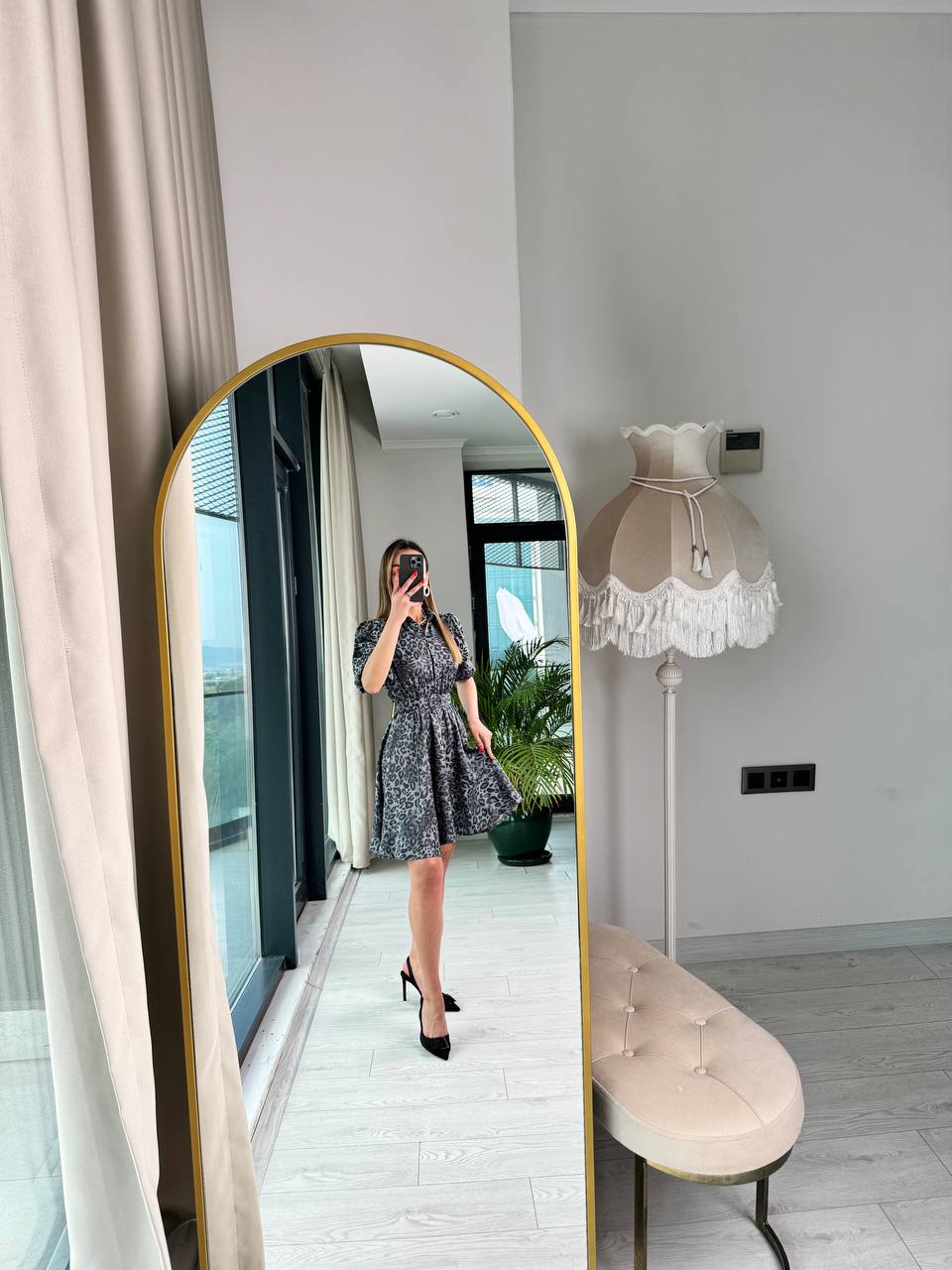 Siyah%20Gri%20Leopar%20Desen%20Tok%20Saten%20Kemerli%20Elbise