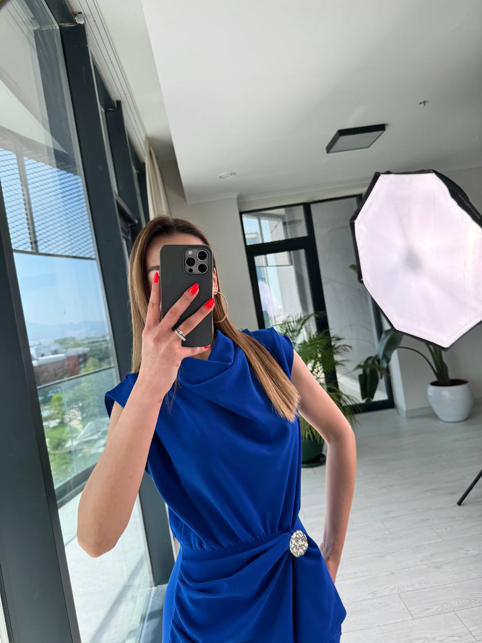 Saks%20Mavi%20Etek%20Detay%20Degaje%20Yaka%20Tok%20Krep%20Elbise