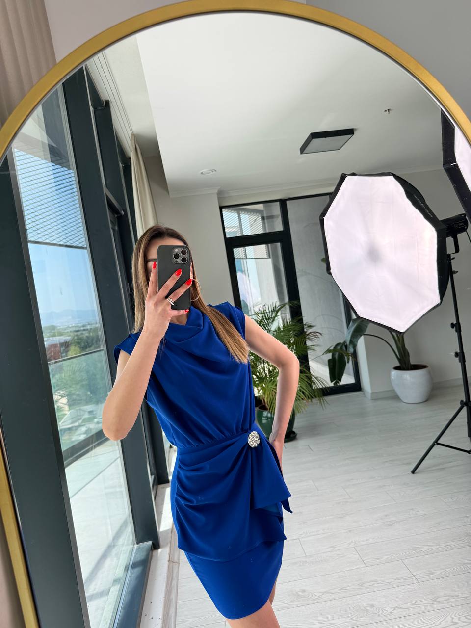 Saks%20Mavi%20Etek%20Detay%20Degaje%20Yaka%20Tok%20Krep%20Elbise