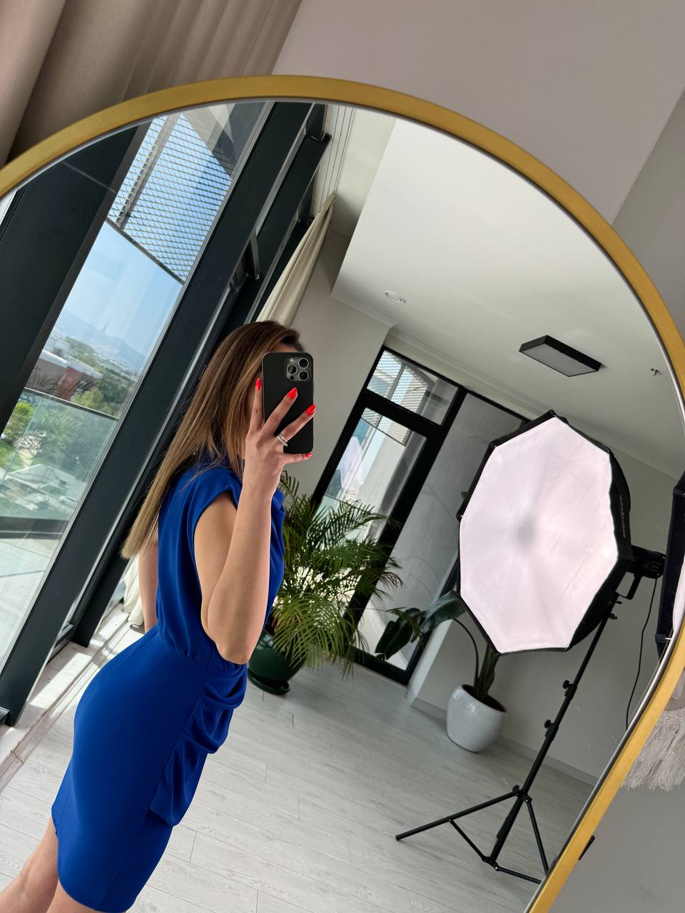Saks%20Mavi%20Etek%20Detay%20Degaje%20Yaka%20Tok%20Krep%20Elbise