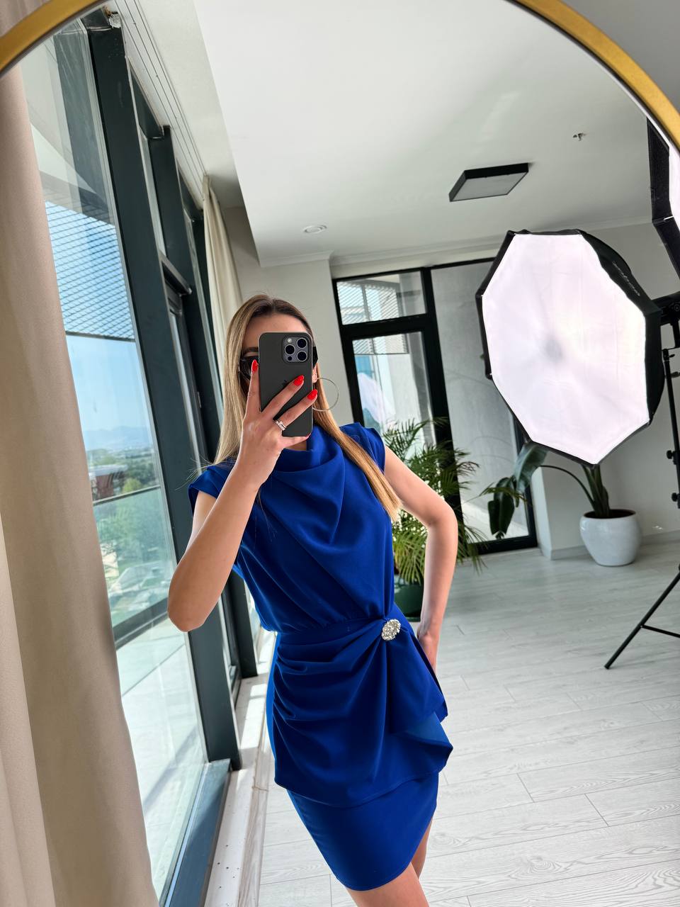 Saks%20Mavi%20Etek%20Detay%20Degaje%20Yaka%20Tok%20Krep%20Elbise